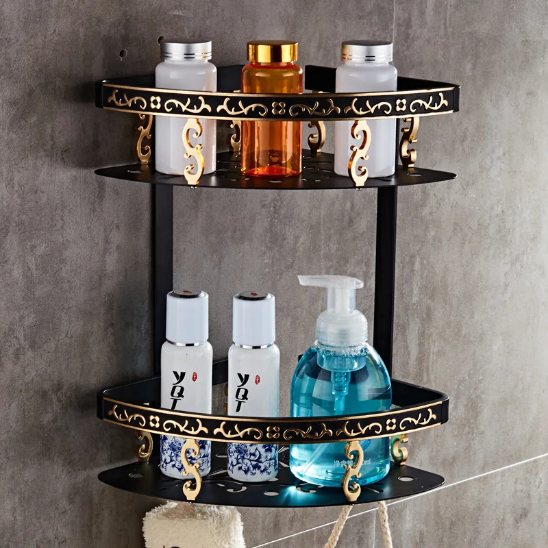 

Vintage Black Storage Rack Drilling Durable Single/Double Tiers Large Capacity Aluminum Bathtub Corner Shelves with Screws
