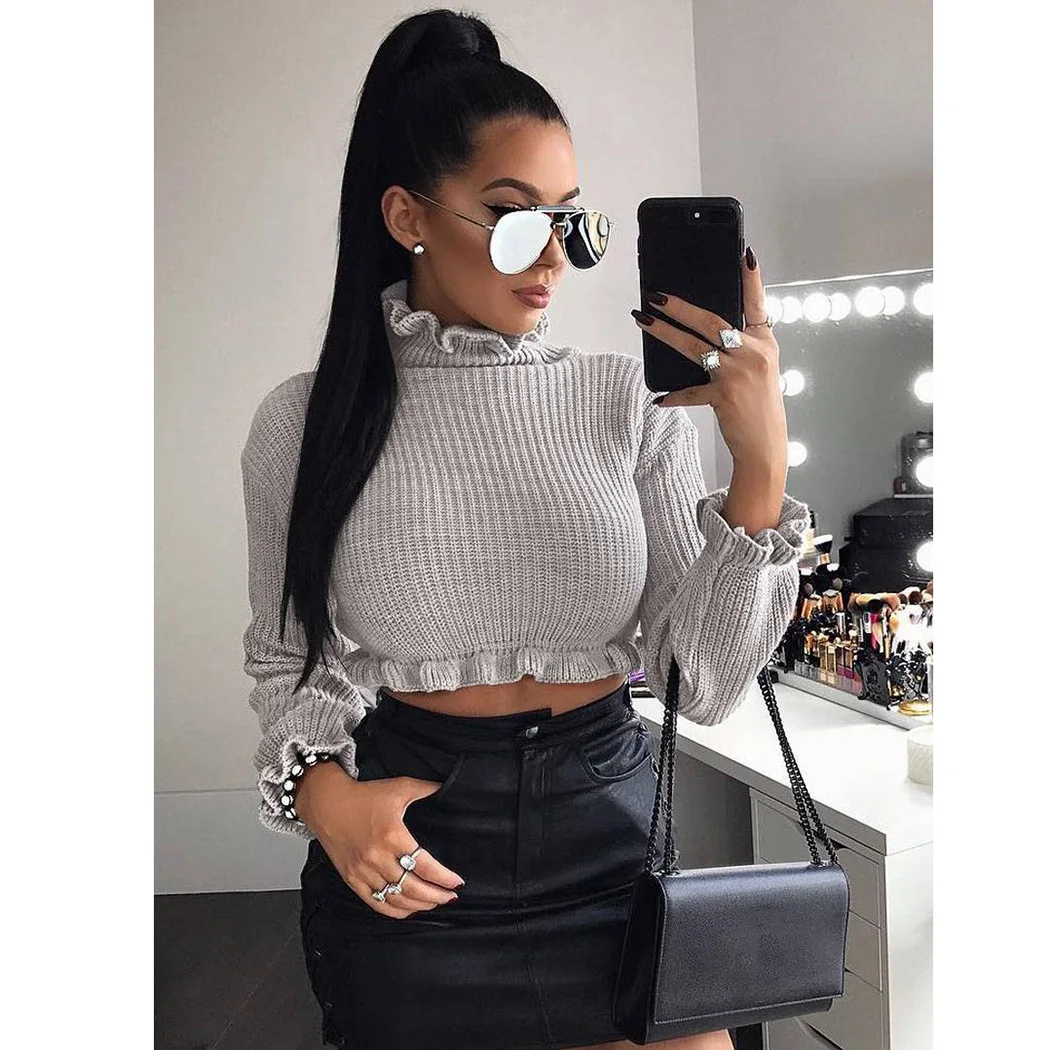 Модная водолазка эластичная футболка TeesSexy Ruffle Crop Tops Женская вязаный крючком укороченная футболка уличная Женская