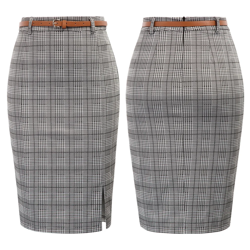 Tanie KK vintage spódnice w kratę damska klasyczna siatka wzór pas zdobione podzielone biodra obcisły bodycon spódnica ołówkowa do kolan kobieta