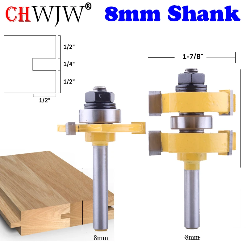 

2PC 8mm Shank high quality large Tongue and Groove Joint Assembly Router Bit Set 1-1/4" Stock Wood Cutting Tool - CHWJW