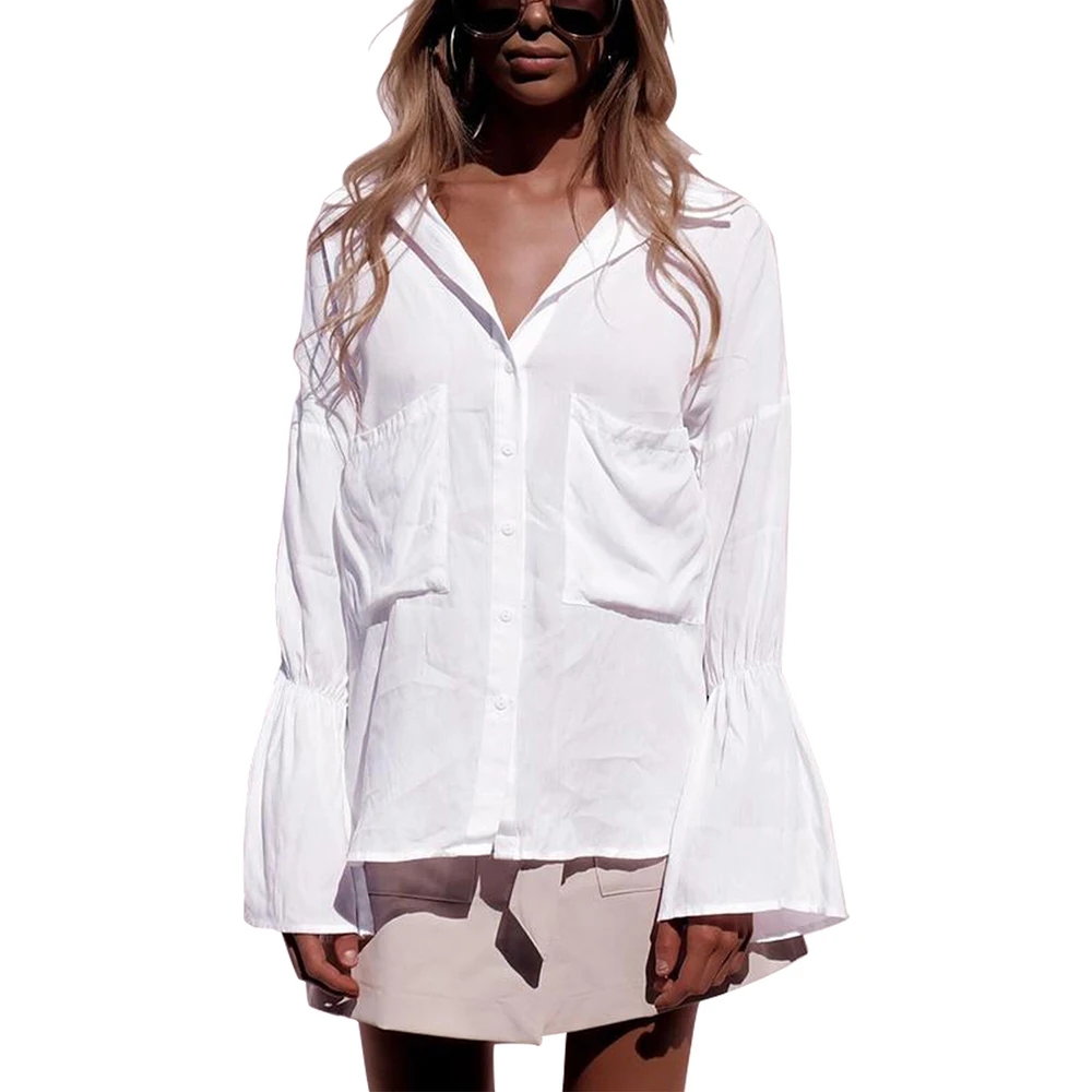 

Solid White Long Sleeves Ruffles Women Blouse Pockets Button Irregular Elegant Feminino Blusas Spring Casual Shirts Tops