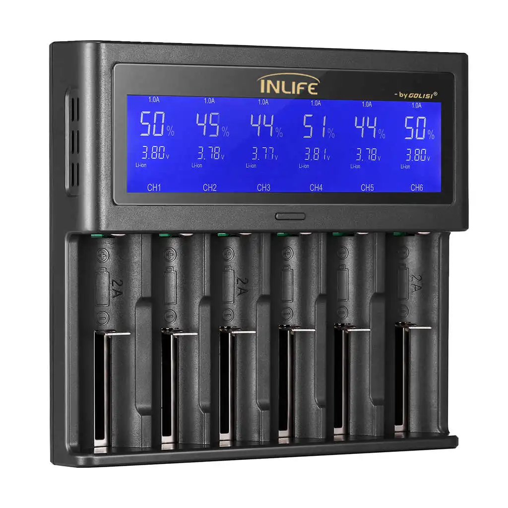

Golisi S6 2A 1A 0.5A Intelligent Lcd Charger For 18650 26650 20700 21700 Li-Ion Ni-Mh Ni-Cd Aaaa Aaa Sc C Rechargeable Battery
