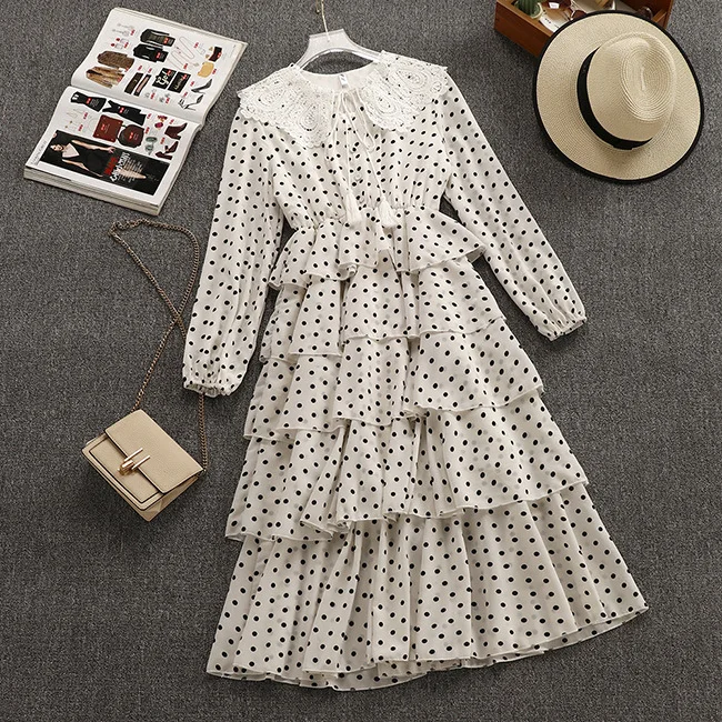 

2019 new women's spring temperament retro long sleeve cake dress