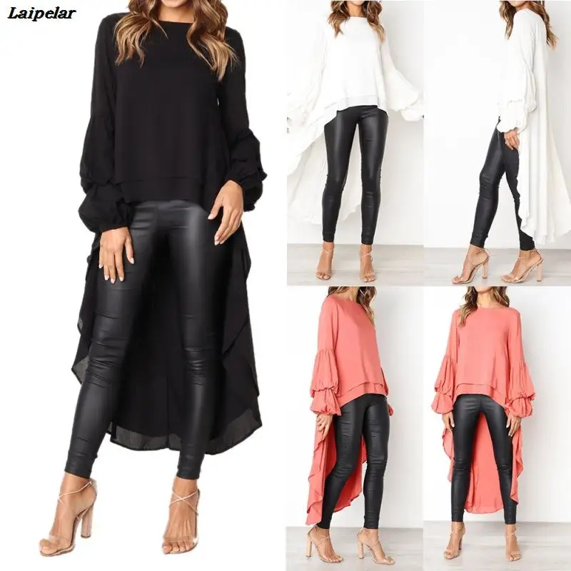 

2018 Fall New Long Blouse Fashion Puff Sleeve Baggy Asymmetric Chiffon Long Shirts Lantern Long Sleeve Tops Blusa Feminina