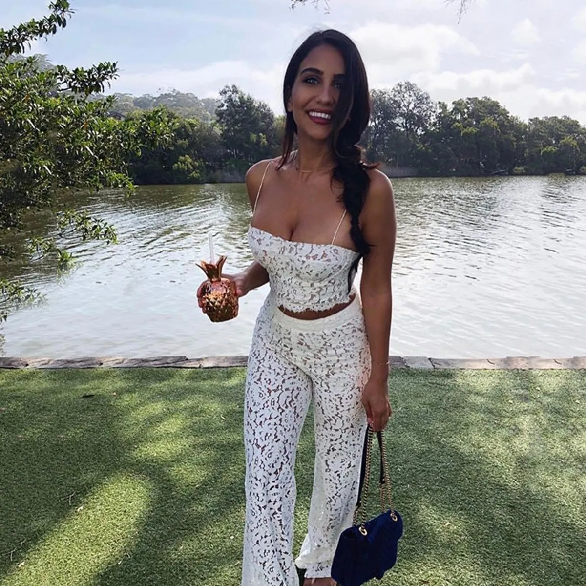 

Summer Solid White Lace Two Piece Set Hollow Out Off Shoulder Crop Top And Pant Sexy 2 Piece Set Women Outfit Set