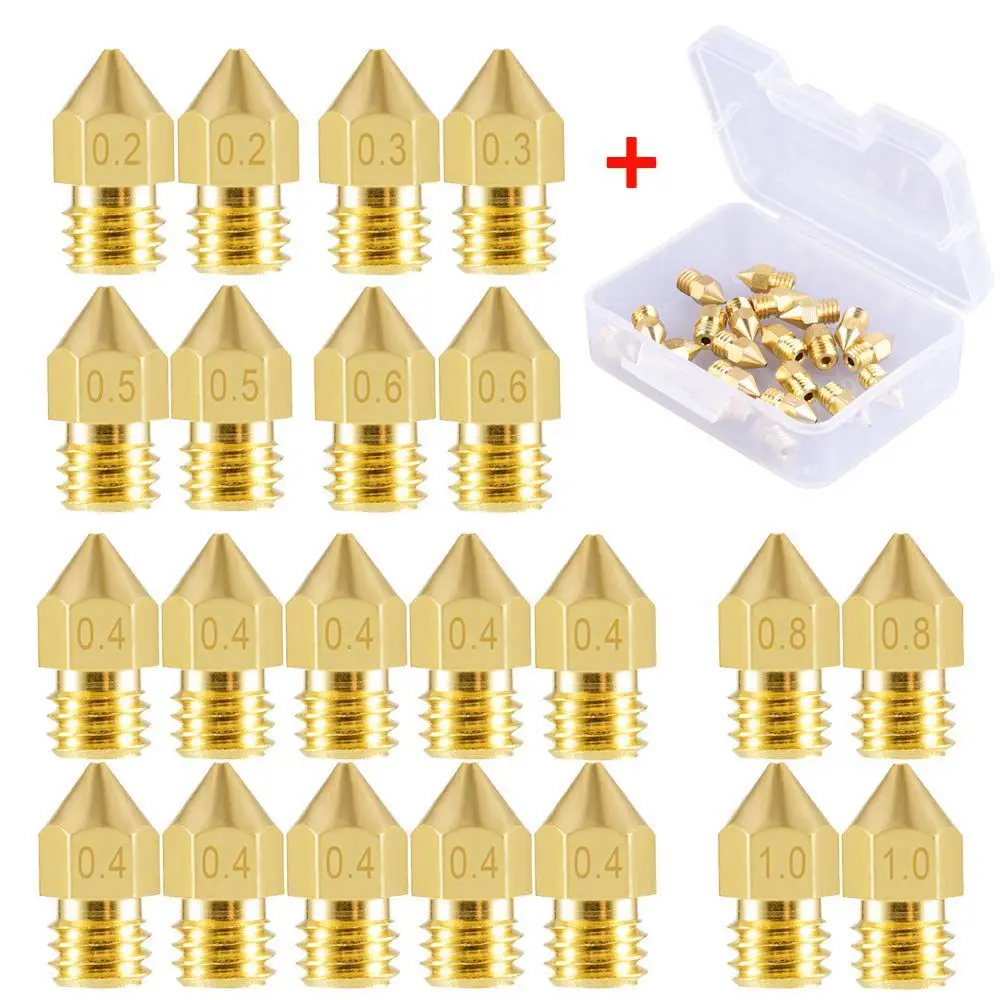 

22 Pieces 3D Printer Nozzles MK8 Nozzle 0.2mm, 0.3mm, 0.4mm, 0.5mm, 0.6mm, 0.8mm, 1.0mm Extruder Print Head with Free Storage