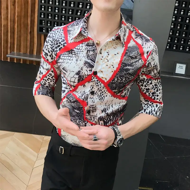 

Leopard Unique design Stage costume Half sleeve Hawaiian Shirt Mens Clothing Camisa masculina Blouse Men Fashion Red blue