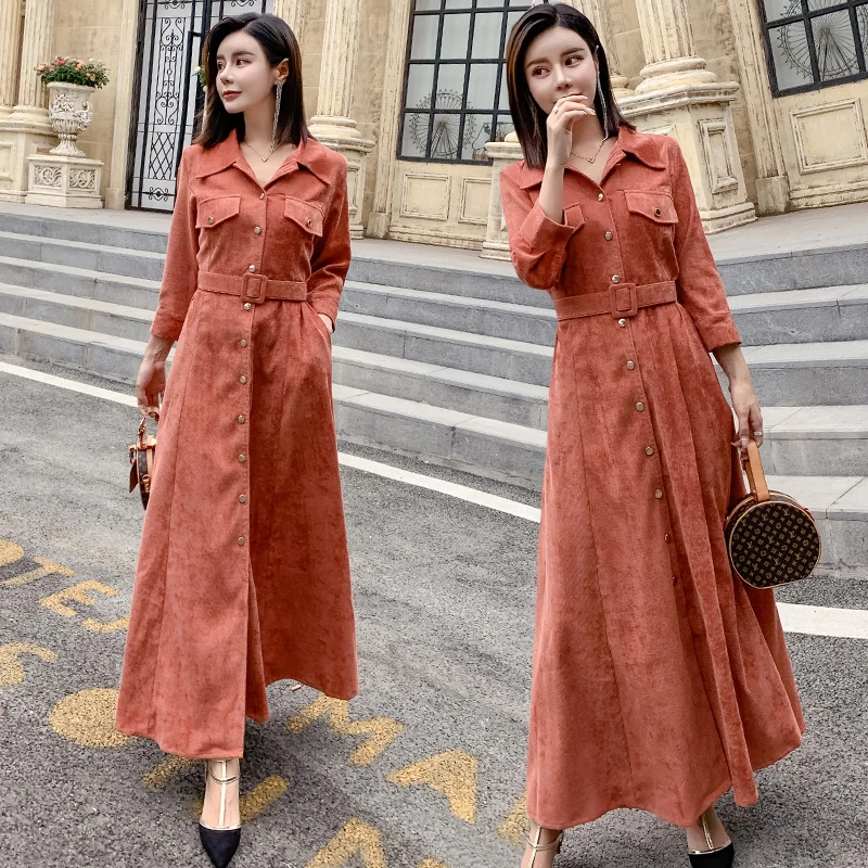 

Lady Vintage Dress Autumn Winter Warm Clothes Women Long Sleeved Long Shirt Corduroy Dresses Solid Color Black,Coffee