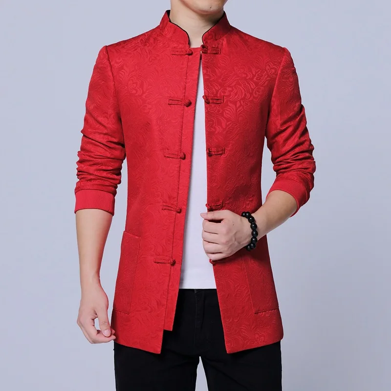 

#4042 Chinese Style Wedding Blazer Men Slim Fit Vintage Mandarin Collar Black/Red Blazer Homme Plus Size Dress Blazers Fashion