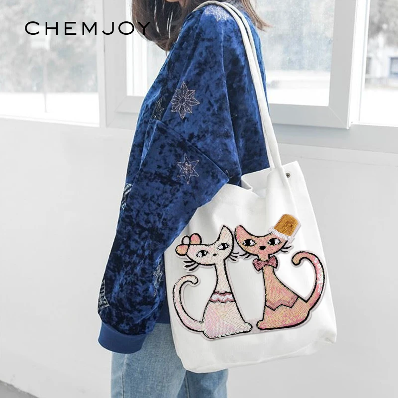 

Cute Cat Sequin Big Size Patch for Clothing Cartoon Clothes Sticker Sew Applique Sequined Patches DIY Craft Badges for Backpack