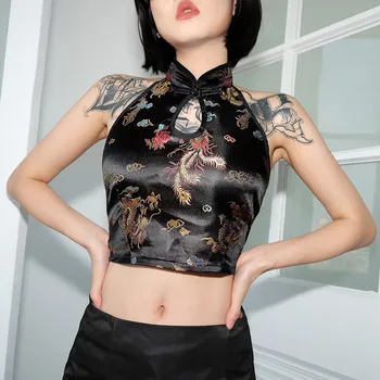 

SUCHCUTE Black Sexy Crop Top Chinese Style Halter Top Cami Women Sleeveless Print Tank Tops Tees Tie Up Backless Bustier Shirt