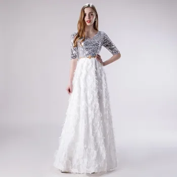 

Vivian's Bridal Fairy Sliver White Contrast Color Prom Dress Sweet Feathers Skirt Golden Sashes Sequin Dress Maxi Party Dress