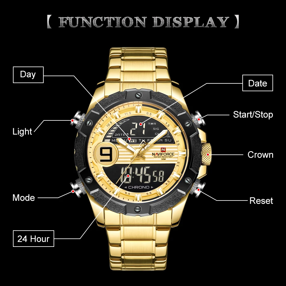 NAVIFORCE Military Stainless Steel Waterproof Gold Men Watch Men's Dual Display Quartz Wristwatches