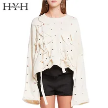 HYH HAOYIHUI Fashion Simplicity Hole Hollowing Out Frenulum Easy Knitting Sweater Black White Long Sleeve Tops 
