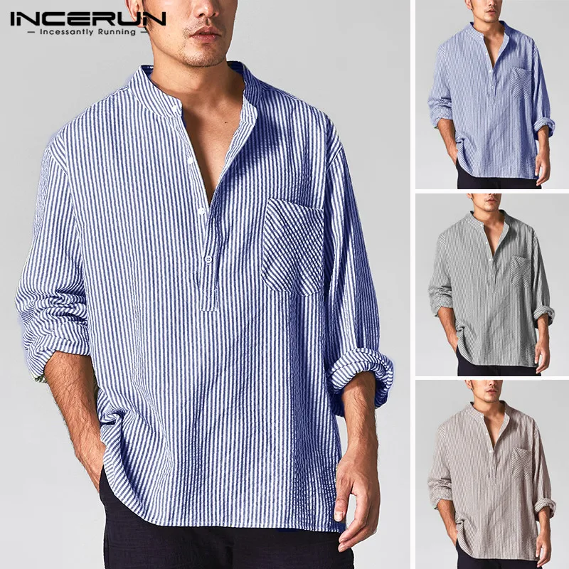

INCERUN New Fashion Striped Casual Shirt Men Long Sleeve Stand Collar Streetwear Tops Camisa Masculina Men Brand Shirts 2019 5XL