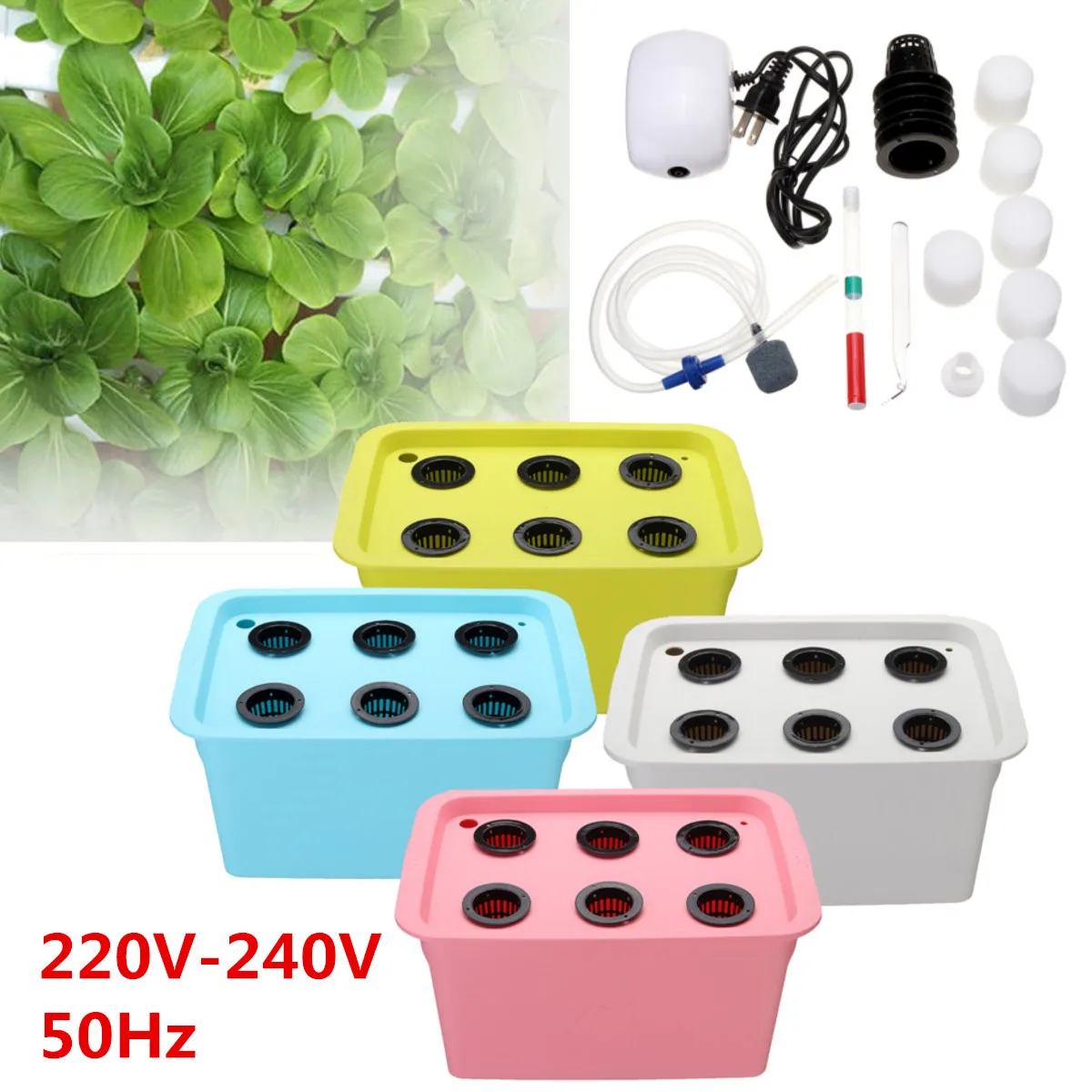 220V Hydroponic System Kit 6 Holes DWC Aerobic Soilless Cultivation Indoor Water Planting Grow Box