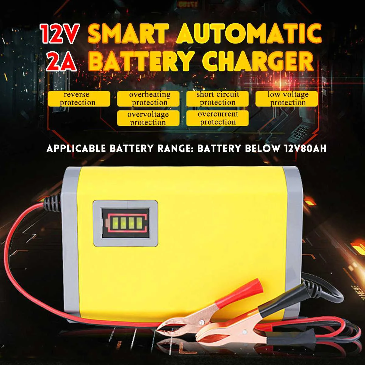 

Intelligent Car 12V 2A Motorcycle Motorbike Automatic Smart Battery Charger for Auto Motorcycle Lead-Acid Batteries Charging