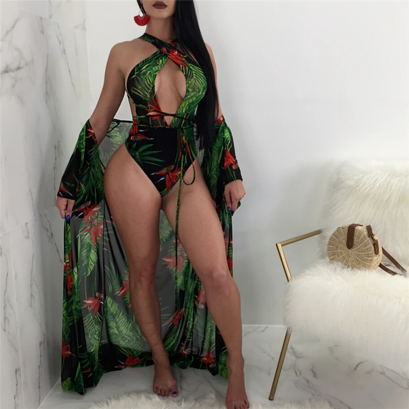 

Women Summer One-piece Swimsuit+Bikini Cover-up 2018 New Sexy Lace Crochet Monokini Floral Printing Swimwear Beach Bathing Suit