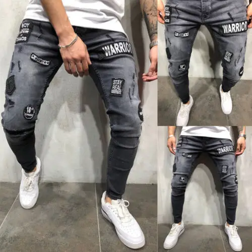 Модные мужские рваные узкие брюки с потертостями Slim Fit Denim Zipper Pant