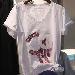 2019 для женщин Повседневное белая футболка короткий рукав клуб футболка с блестками письмо модная Femme леди одежда
