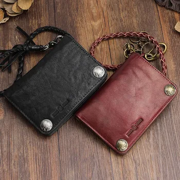 

Genuine Leather Wallet Men's Women Vintage handmade Nature Skin Short Wallets key Chain Purse Card Holder Zipper Pocket Carteira