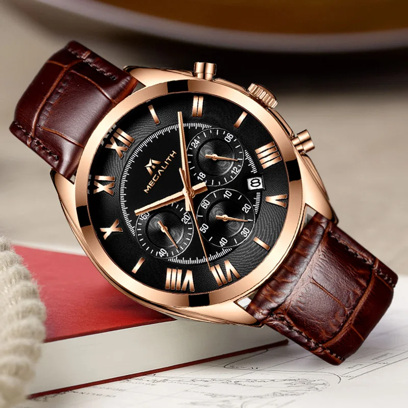 

MEGALITH Mens Watches Waterproof Sport Chronograph Date Calendar Quartz Watches Mens Luxury Business Brown Leather Wristwatches