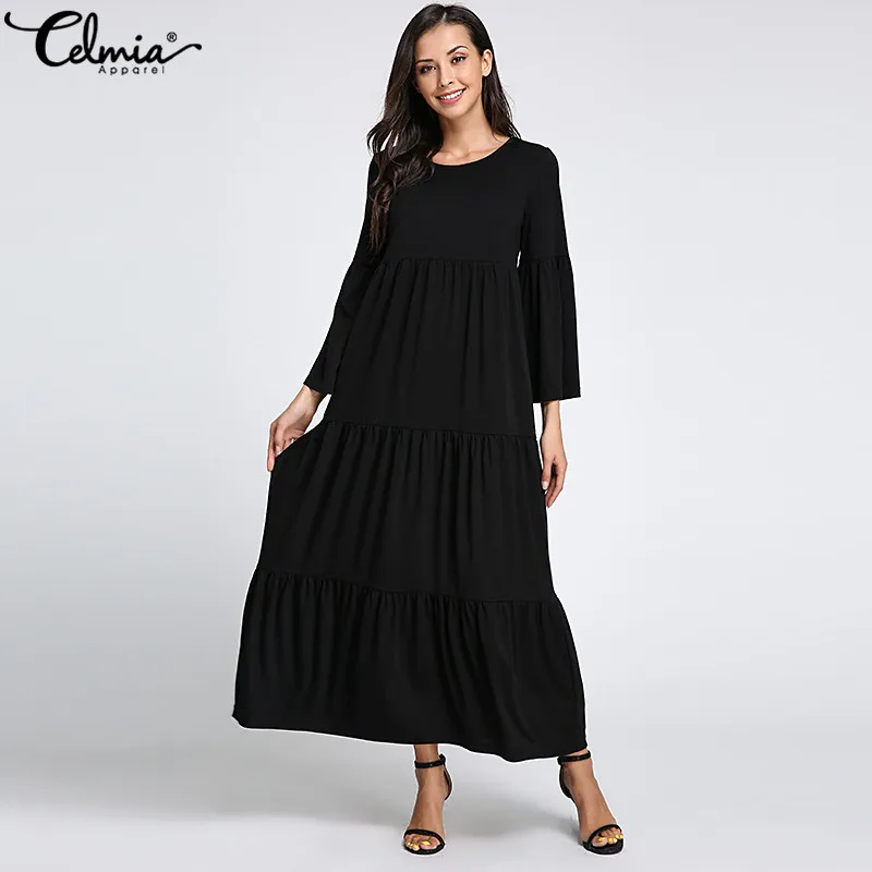 

2019 Celmia Women Vintage Maxi Long Flared Sleeve Dress Autumn Casual Loose Party Ruffle Dresses Robe Oversized Vestidos 5XL