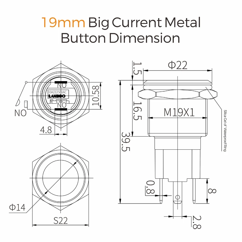 Lanboo 19 мм 10A высокого тока с плоской головкой 3 pin кнопочный переключатель с защитой от повреждений и кольцом led и символ