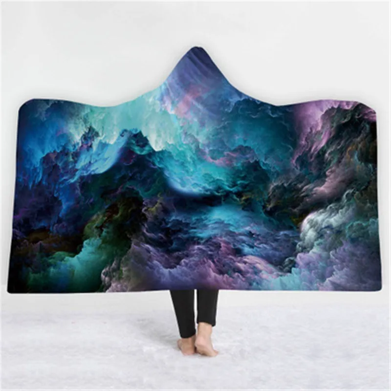 

XC USHIO Wearable Hooded Throw Blanket Soft Warm Colorful Starry Sky Print Sofa Couch Bed Fleece Fabric Cover Blankets 150*200cm