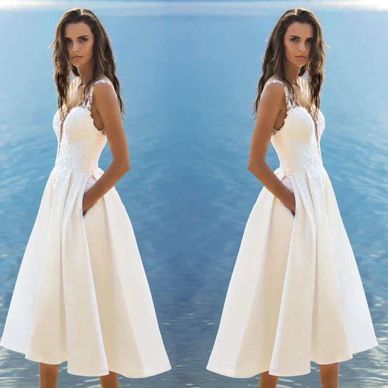 

Sexy Short Lace Satin A-line Beach Wedding Dresses Simple Ankle Length Formal Women Boho Bridal Wedding Gowns Robe 2019