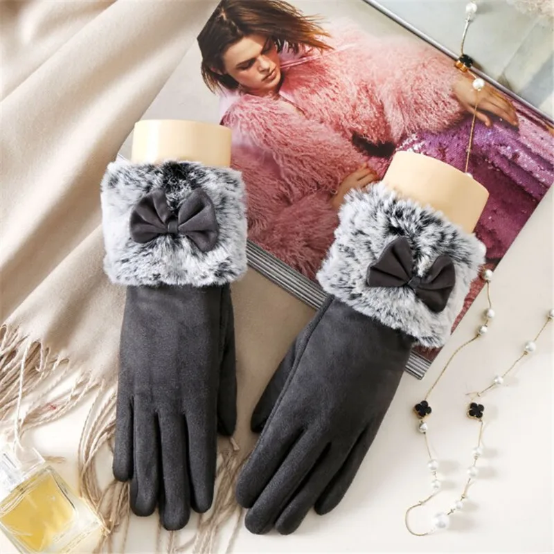 Зимние женские один Слои плюшевые запястье варежки бантом теплая полный палец варежки Для женщин замшевые Сенсорный экран водительские перчатки