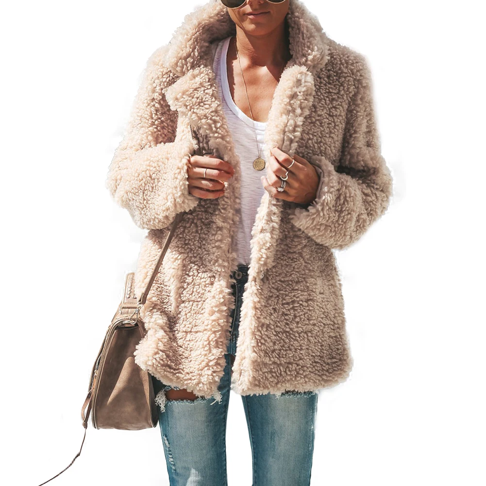 Beste Vrouwen Lam Pak 2018 Chic Fleece Bont Jas Teddy Jas Abrikoos Size Plus Winter Warm Losse Pluizige Jassen Mode Mode slanke Bont