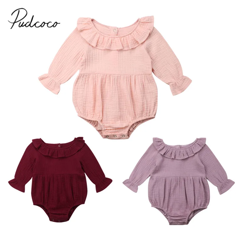 

2019 Brand New Toddler Infant Baby Girl 100% Cotton Bodysuits Long Sleeve One Piece Jumpsuits Playsuit Ruffled Sunsuit Clothes