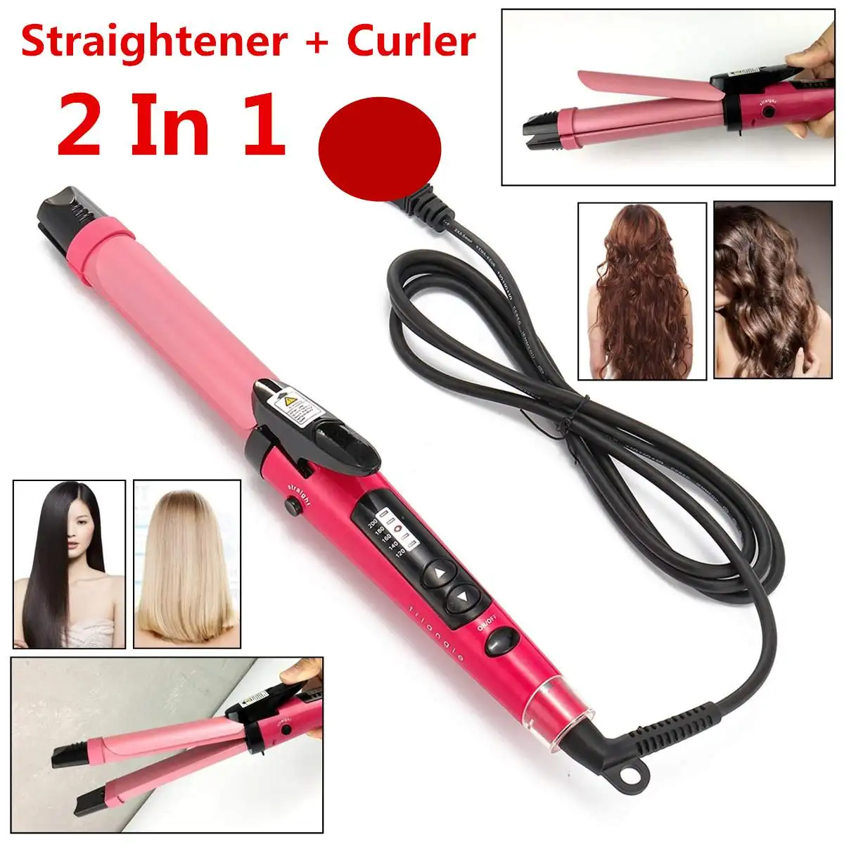 

2in1 Hair Curler Straightener Electric Crimper 45W Curl Hair Wave Frizzle Ceramic Roller Nozzles Work Indicator Curling Iron