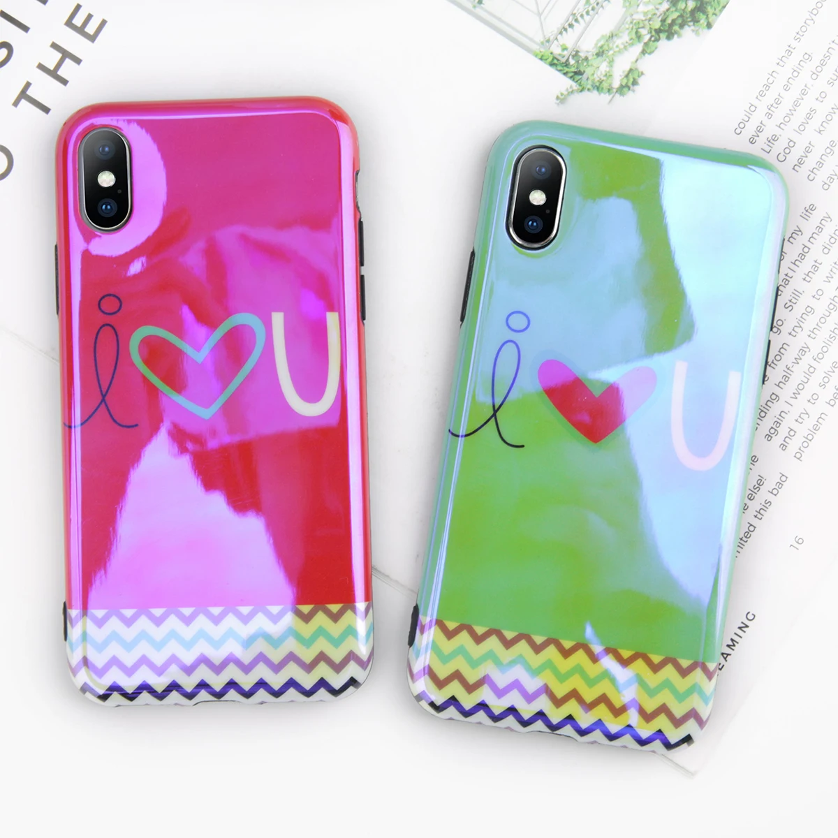 

KJOEW Glossy Cute Heart-shaped Pattern Back Cover Simple Letter Stripe Printed Case For iPhone X 6 6S 7 8 Plus Cartoon Shell