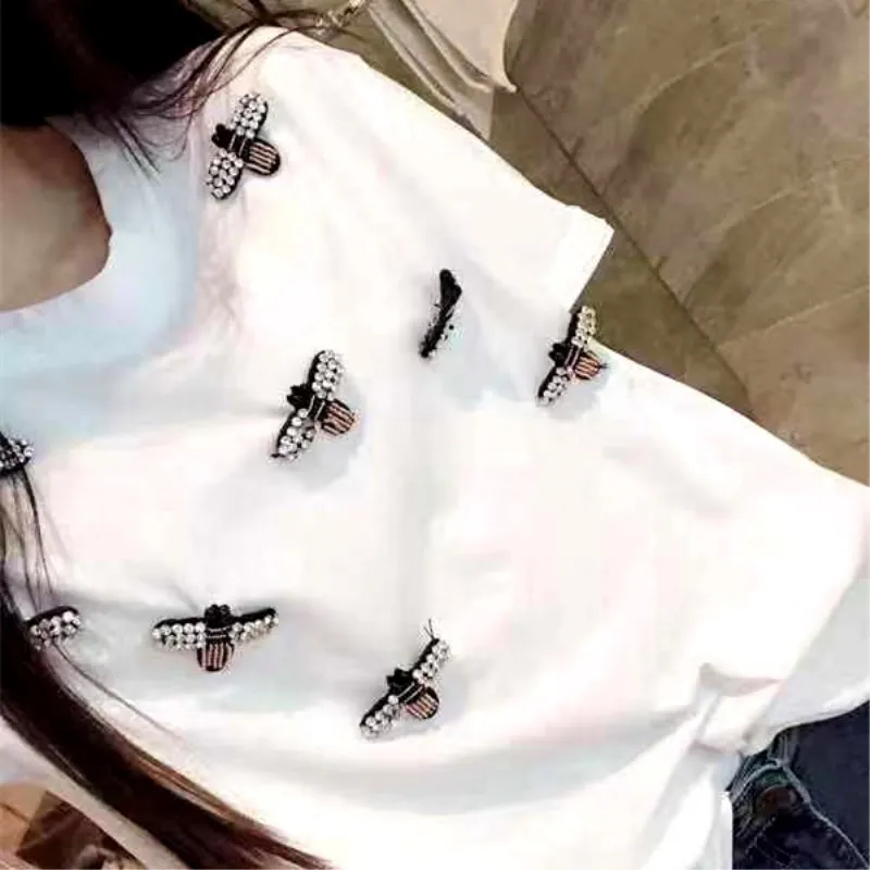 2019 летние Для женщин пчелы блестящие пайетки Бисер футболка взлетно-посадочной полосы белые милые футболки Для женщин Повседневное Kawaii