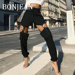 BONJEAN выдалбливают черные брюки для Для женщин 2019 Весна Костюмы Длинные прямые брюки дамы Высокая талия шнурок брюки BJ867