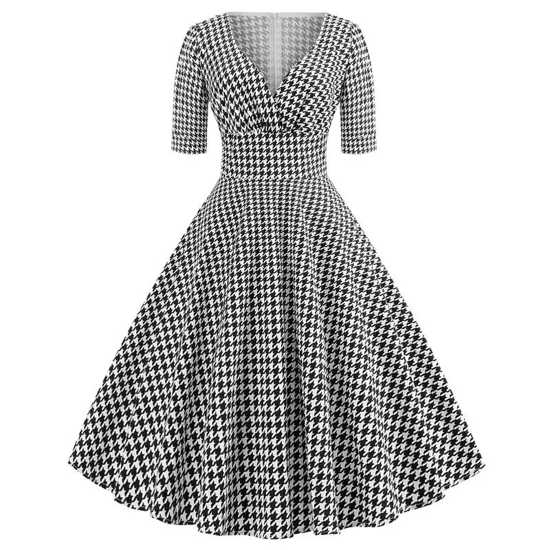 

Vintage Dress Women V-Neck Half Sleeve Houndstooth Printing Mid Waist Knee-length Cotton Comfortable Simple Skin-friendly Dress