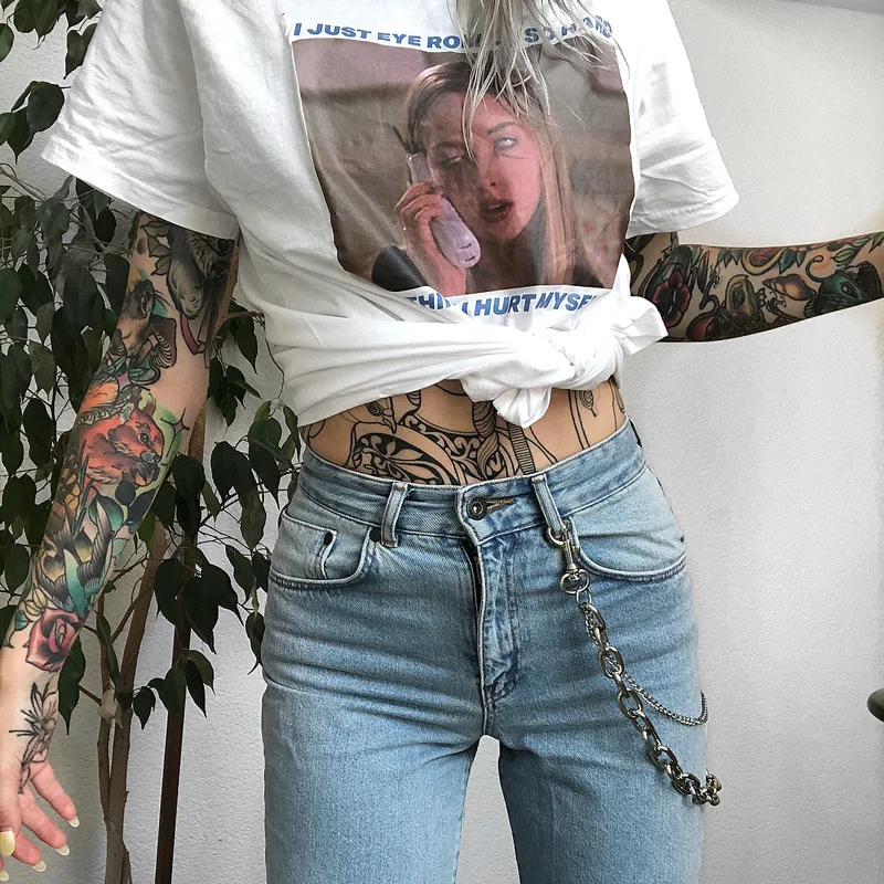 Spring Vintage Women's Ripped Mom Jeans High Waist 2019 Summer Chain Slim Harajuku Straight Trousers With Holes Women Streetwear