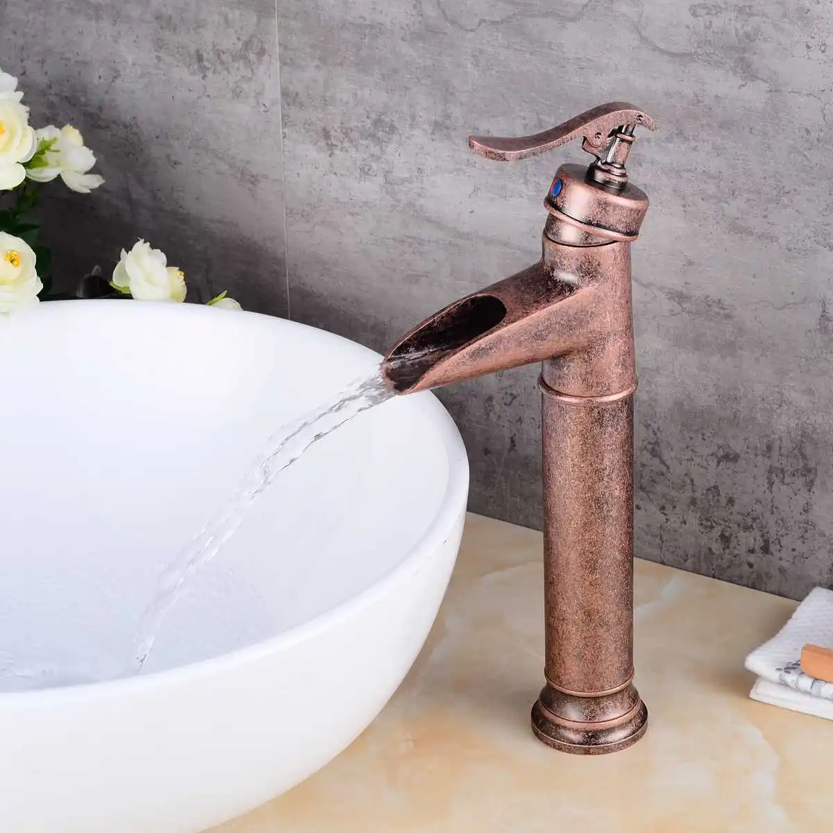 

Antique Copper Elevated Platform Waterfall Basin Faucet Bathroom Basin Faucet Hot And Cold Single Handle Wide Mouth Mixer Taps