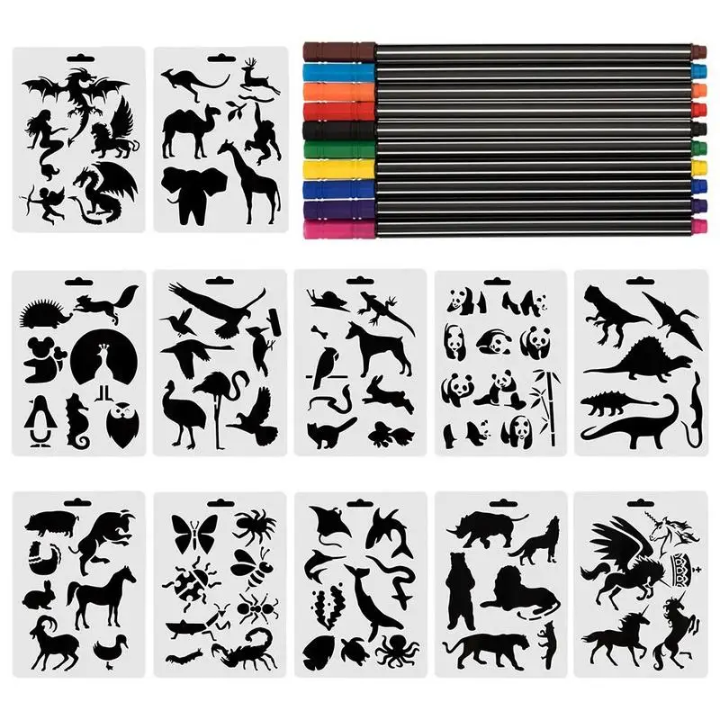 

Animal Stencils Set 12 Pcs with 10 Fineliner Color Pen Plastic Drawing Painting Templates Scrapbooking Kids DIY Crafts Featu