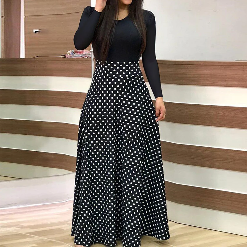 

Women Long Sleeve Boho Polk Dot Maxi Dress New Fashion Floral Print Evening Party Dresses Women's Dresses Female Casual Vestidos