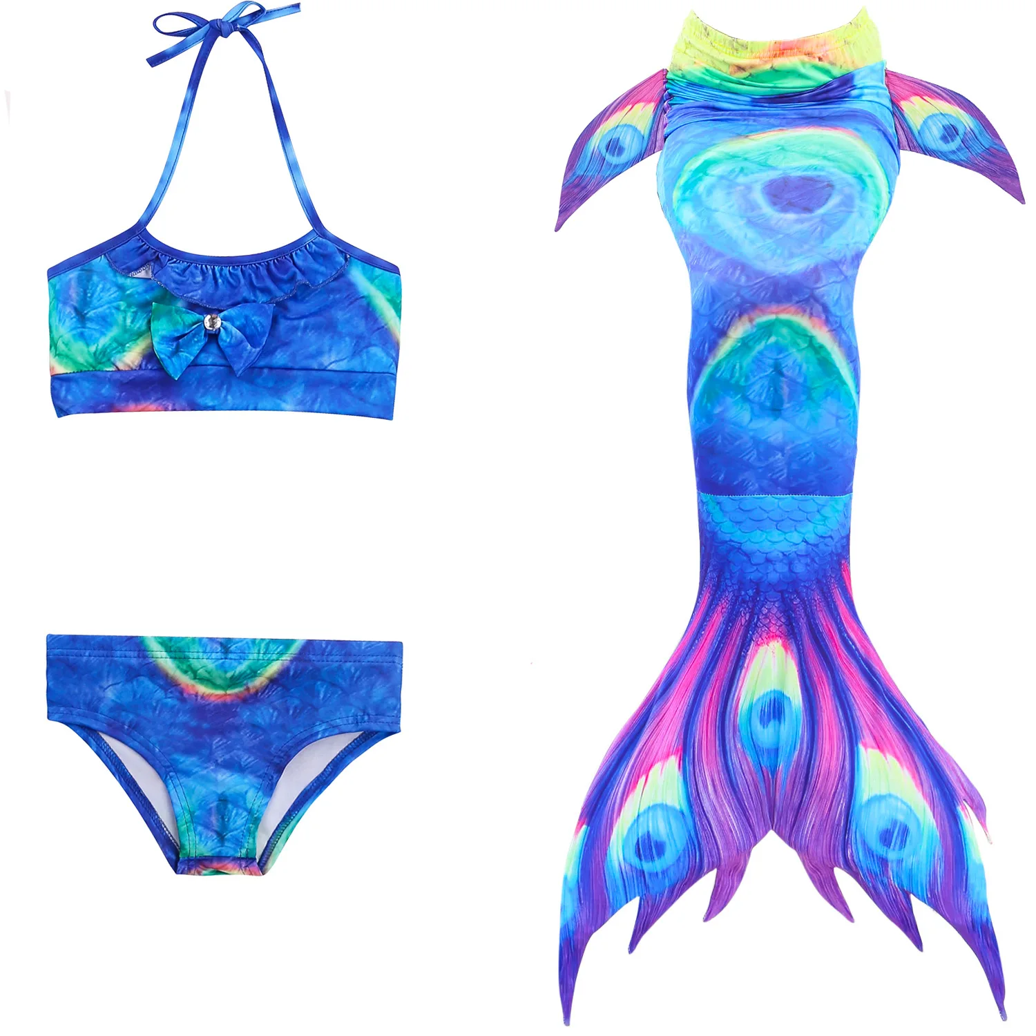 3 Pcs Kids Children Mermaid Tail Swimming Costume Bikini Set Swim Dress Cosplay No Monofin Swimwear For Girls Anime Cos