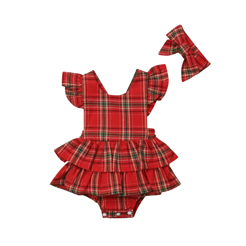 

Newborn Kids Baby Girls Plaid Clothes Ruffle Fly Sleeve Back Cross Bodysuit Dress Bow Headband Outfit Set