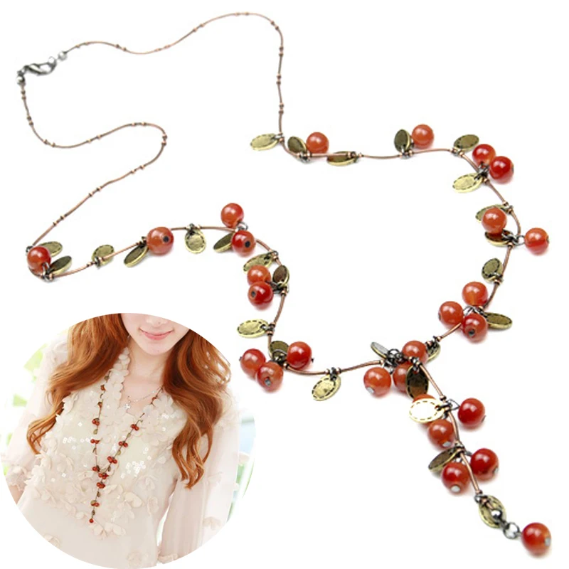 

Fashion Pearl Long Necklace Girls Women Sweater Chain Sweet Cherry Pendant Dress Skirt Accessories 1PC Retro Jewelry
