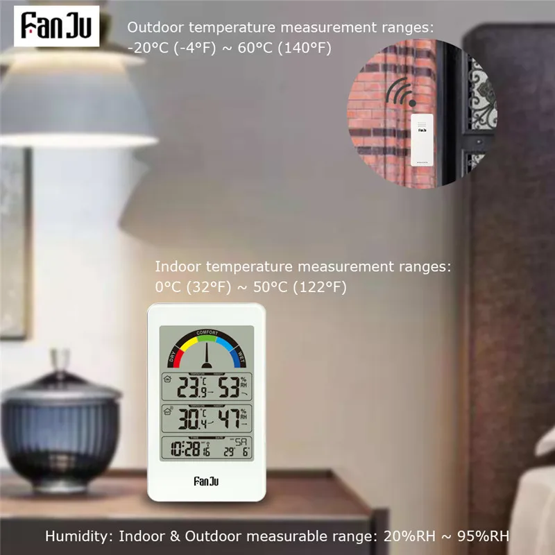 FanJu FJ3356 термометр метеостанции цифровой будильник настенные Крытый улица электронные часы hygrometerIndication