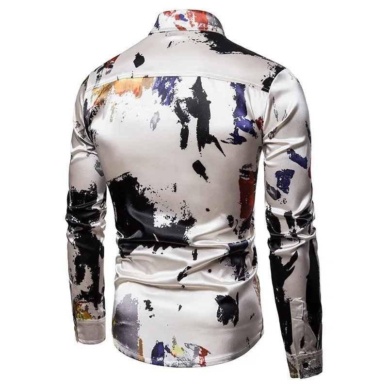 Goede 2019 Nieuwe mannen Zijde Satijn Gedrukt Shirts Mannen Slim Fit Lange Mouw Party Shirt Tops Mannen Print Shirt S 2XL