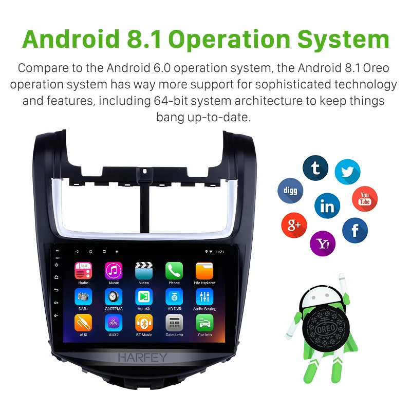 Sale Harfey Steering Wheel Control 9" GPS Navigation Car Radio 2din Android 8.1 Player For 2014 Chevy Chevrolet Aveo Mirror Link TPMS 1