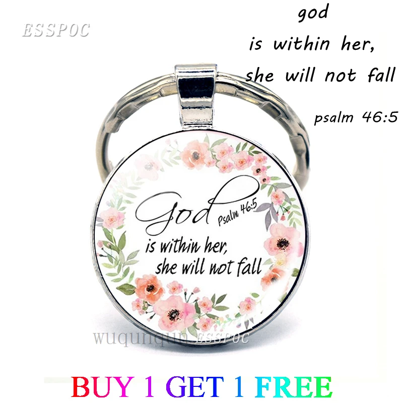 

God Is Within Her, She Will Not Fall Bible Verse Quote Psalm Key Chain Glass Jewelry Christian Pendant Women Keychains Gift