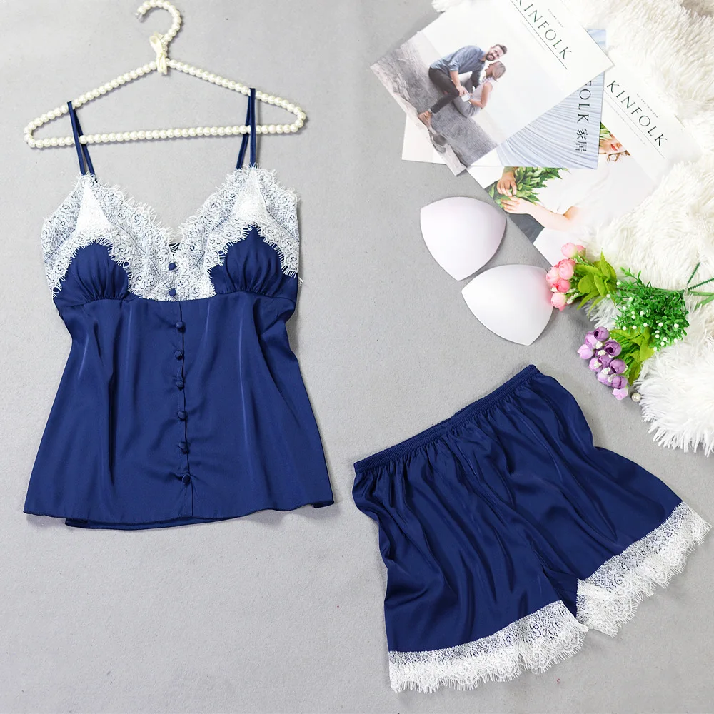 

Lisacmvpnel New Button Decoration Rayon Silk Pajamas Woman Fashion Lace Sexy Twinset Sleepwear